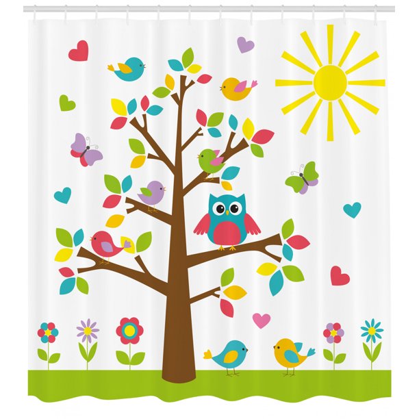 Nursery Shower Curtain Colorful Tree With Cute Owl And Birds Sunny Summer Day In The Park Theme Cartoon Fabric Bathroom Set With Hooks 69w X 70l Inches Multicolor By Ambesonne Walmart Com