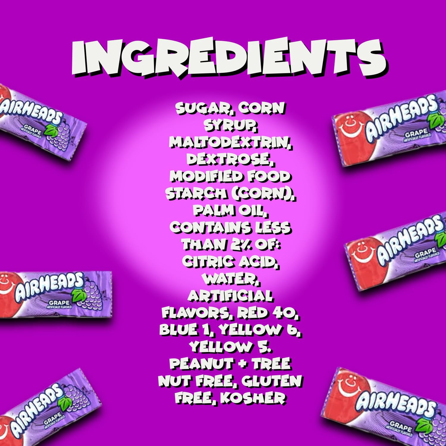 Airheads Candy Mini Bars, Grape Flavor, 40 Pieces Bulk Bag, Individually Wrapped Non-Melting Chewy Fruit Taffy, Gluten Free, Perfect for Birthdays, Parties & Pantry (1 lbs)