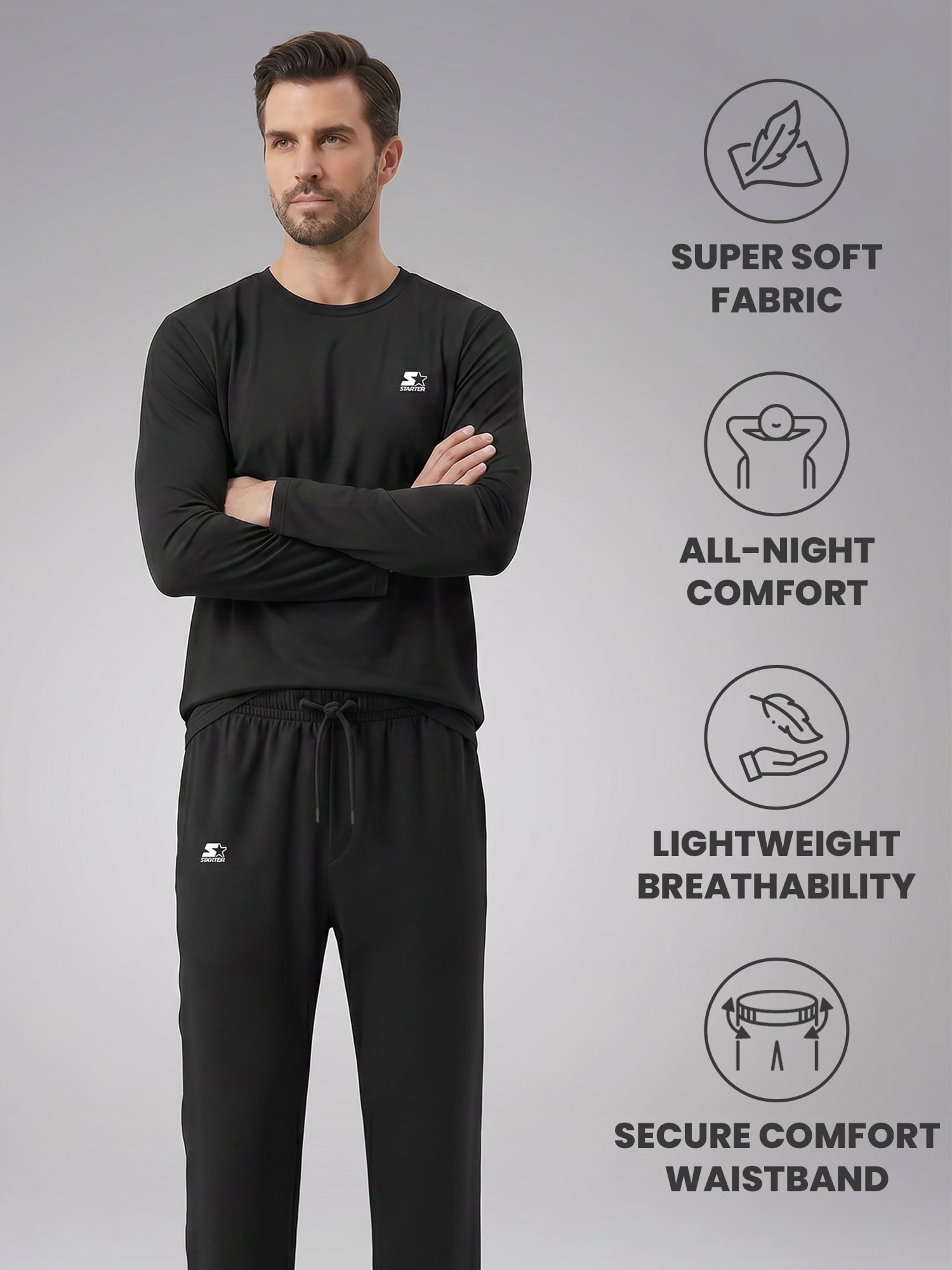 Starter Men's Pajamas 2-Piece Super Soft Long Sleeve Top and Pant Set, Black, L