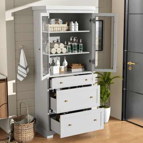 70.1" Tall Bathroom Cabinet with Soft-Close Glass Doors, 3 Drawers & 2 Adjustable Shelves - White Freestanding Storage for Bathroom, Kitchen, Living Room