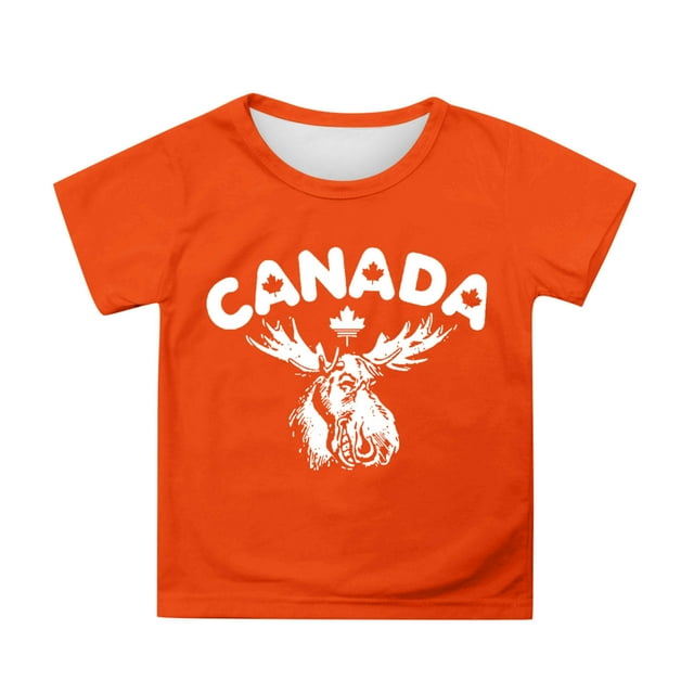Fête du Canada T-Shirt à Manches Courtes pour Filles, Col Rond d'Été, Coupe Décontractée, Basique, Orange 150/10 Ans-11 Ans