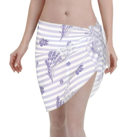 Ocsxa Stripes And Sprigs Of Lavender Print Sarong Coverups For Women Bathing Suit Wrap Swimsuit Skirt Beach Bikini Cover Up Swimwear
