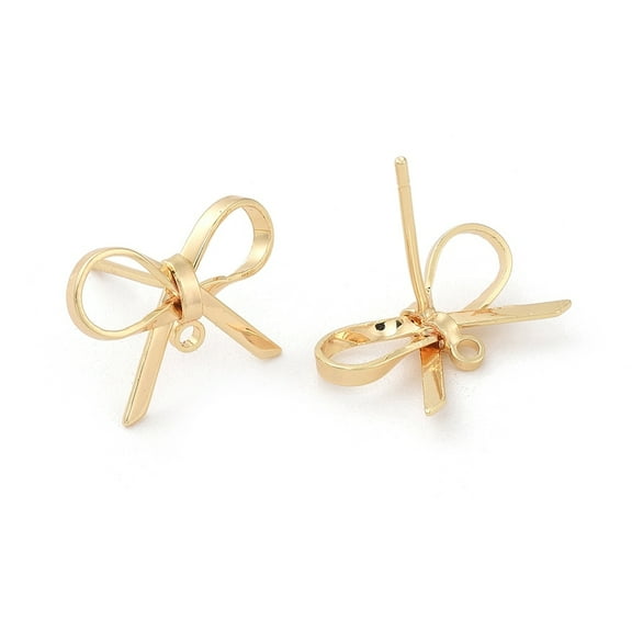 Brass Stud Earring Findings Bowknot Real 18K Gold Plated 8~10x15mm Hole: 1mm Pin: 0.7mm