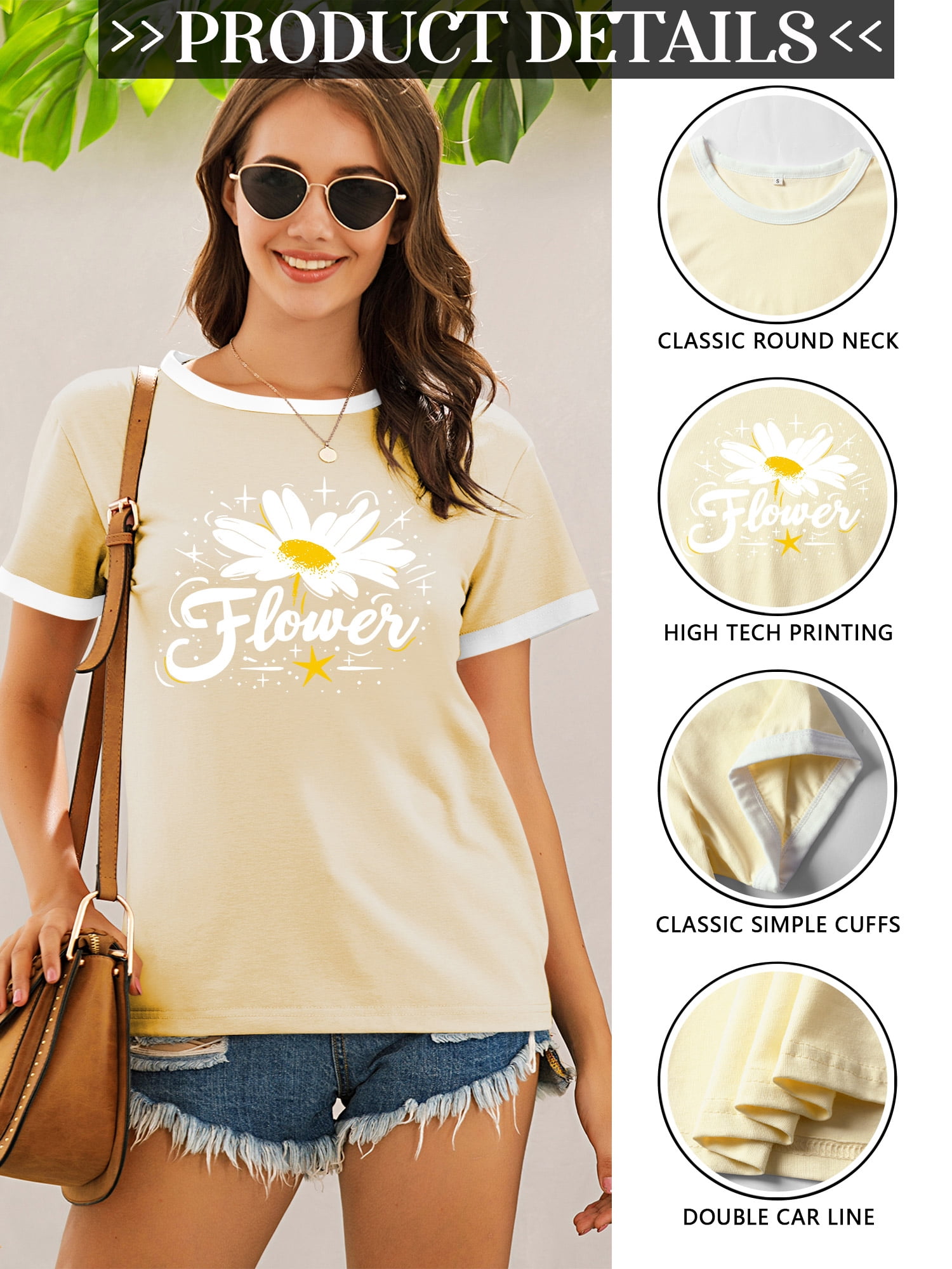 ZXSXSY Graphic Tees for Women Daisy Flower Print Crew Neck Short
