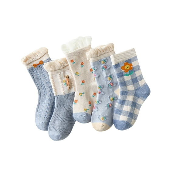 Hjcommed Toddler Baby Girls Children's Cute Colorful Lattice Flowers Pattern Non-slip Breathable Cotton Middle Socks Sox Blue M