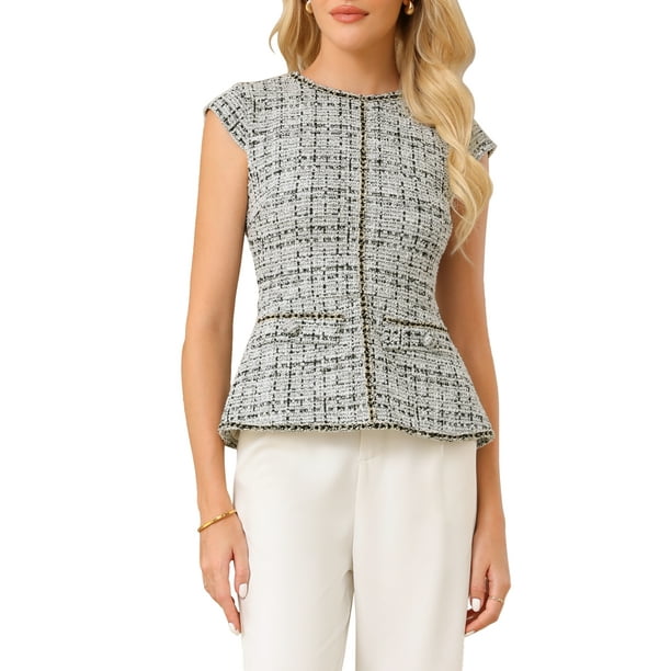 INSPIRAR CHIC Blusa de Peplum Elegante de Tweed para Mujeres con Cuello Redondo y Mangas Cortas para la Oficina en L Blanco