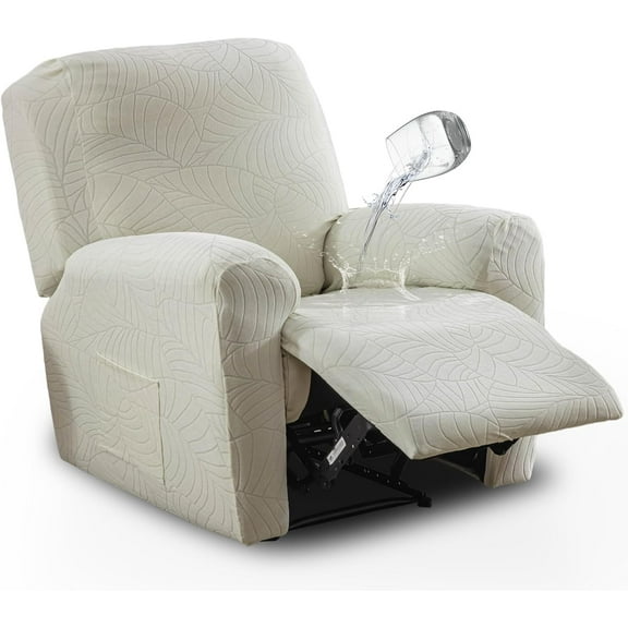 vctops Water Repellent 4 Pieces Recliner Chair Cover with Side Pocket Leaf Jacquard Stretch Soft Recliner Slipcover Furniture Protector with Elastic Bottom(Cream,1 Seat)