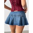 thumbnail image 2 of Womens Blue Denim Pleated Mini Skirt With Belted Waist And Frayed Hem, 2 of 21