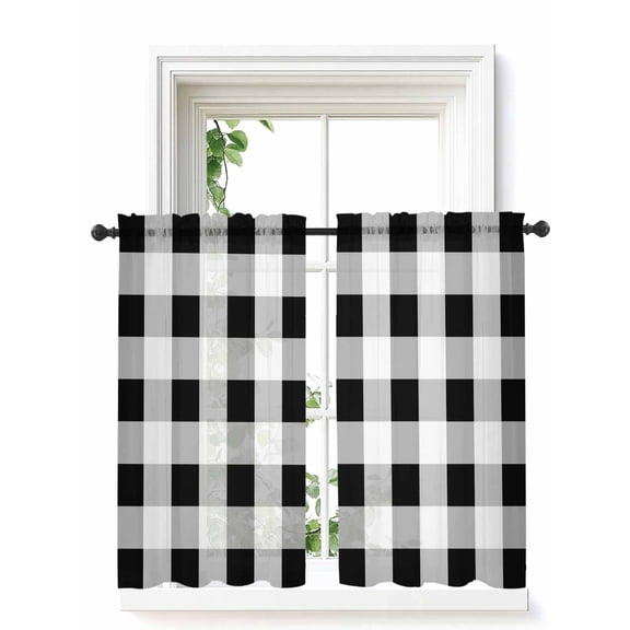 Black White Plaid Tier Curtains 45 Inch Length,Sheer Curtains for Bedroom Living Room Window Spring Farmhouse Buffalo Checkered Voile Drapes Kitchen Curtains Small Half Window 27.5"x45" 2 Panels