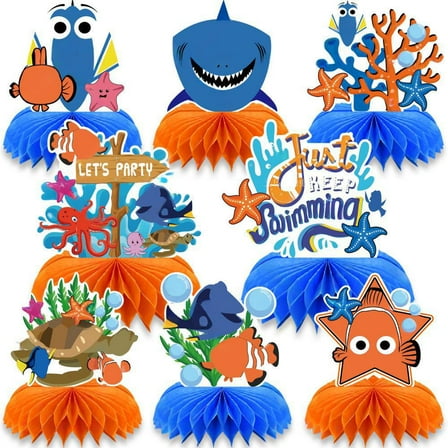 8PCS Clownfish Birthday Party Supplies Set - Cartoon Table Decorations with Honeycomb Centerpiece for Spirit Party Decorations