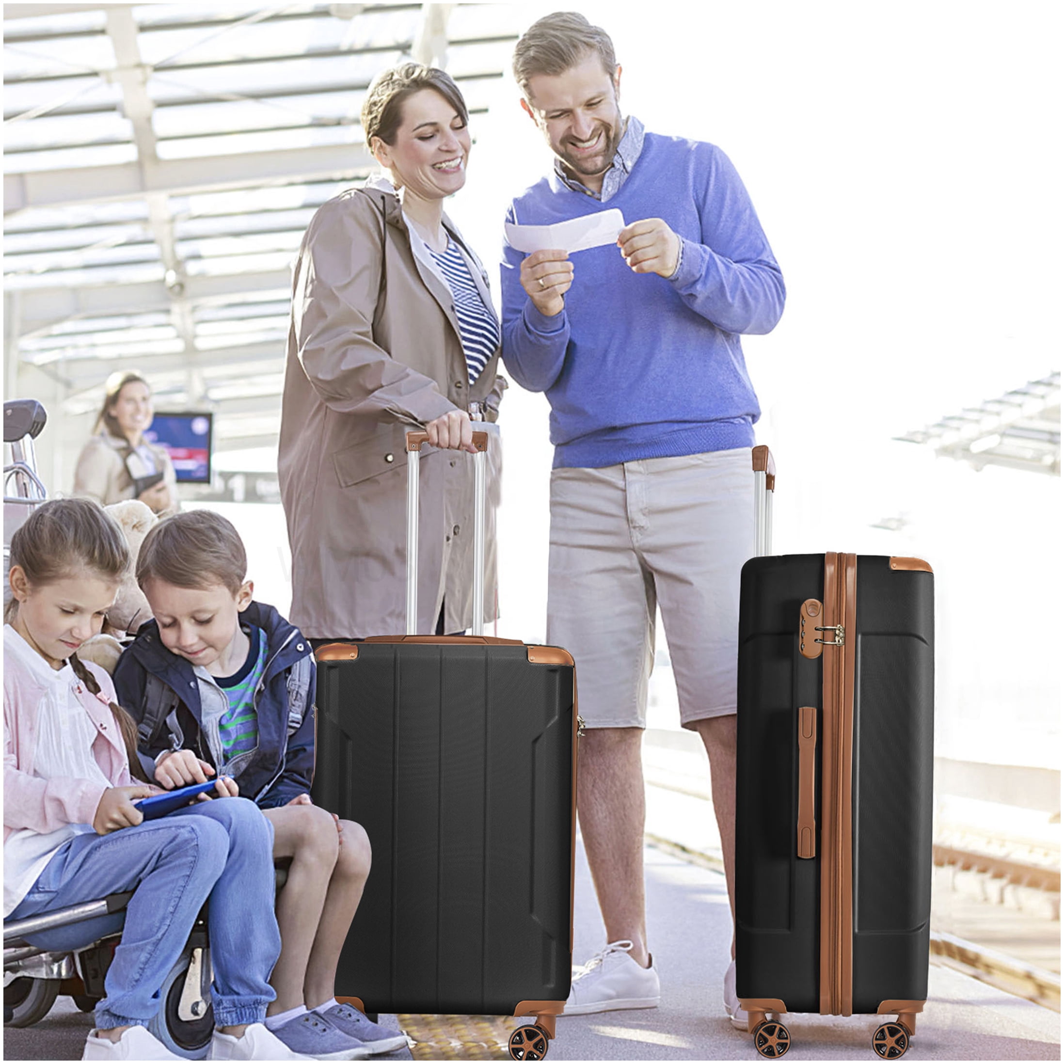 Durable 3-Piece Spinner Luggage Set, ABS Lightweight Hard Shell Suitcases in Black Brown
