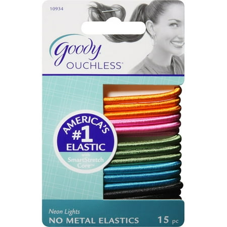 Goody Ouchless No Metal Hair Elastics, Neon Lights 10934, 15 count