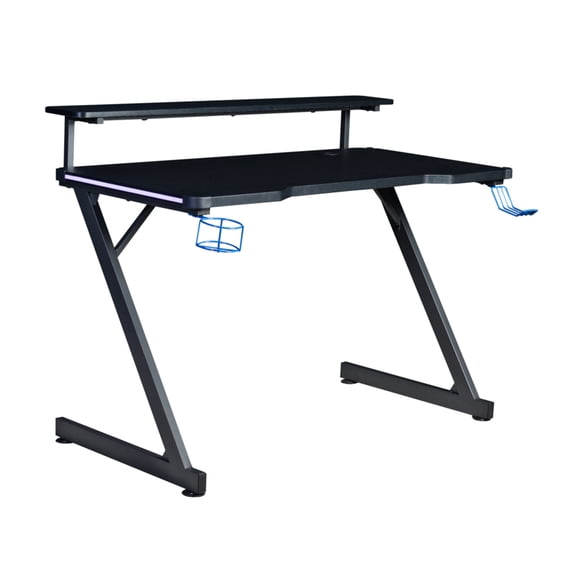 AON Series 48" LED Gaming Computer Desk with Riser Shelf, USB Charging Port, Cup Holder & Headphone Hook – Carbon Fiber Black