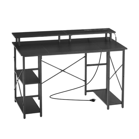 47" Gaming Desk with LED Lights & Power Outlets, Computer Desk with Monitor Stand & Storage Shelves, Home Office Desk, Black