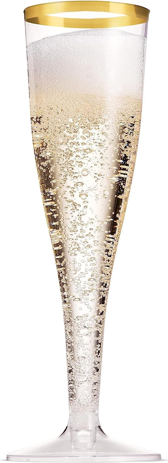 50 Pack Gold Rimmed Plastic Champagne Flutes 5 Oz Clear Plastic Toasting Glasses Fancy Disposable Wedding Party Cocktail Cups with Gold Rim