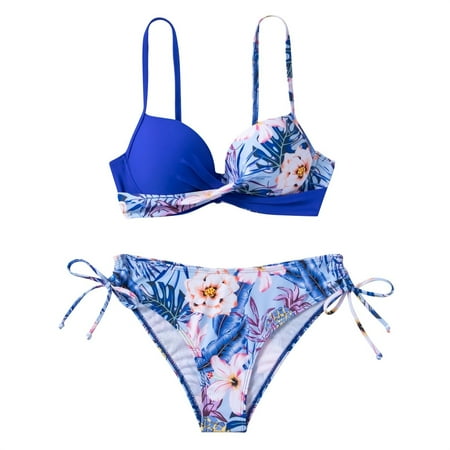 2 Piece Bikinis V-Neck for Women Bikini Swimsuit Halter Backless Multicolor Floral Botanical Printed Split Two Swim Suits Trendy 2025 Blue