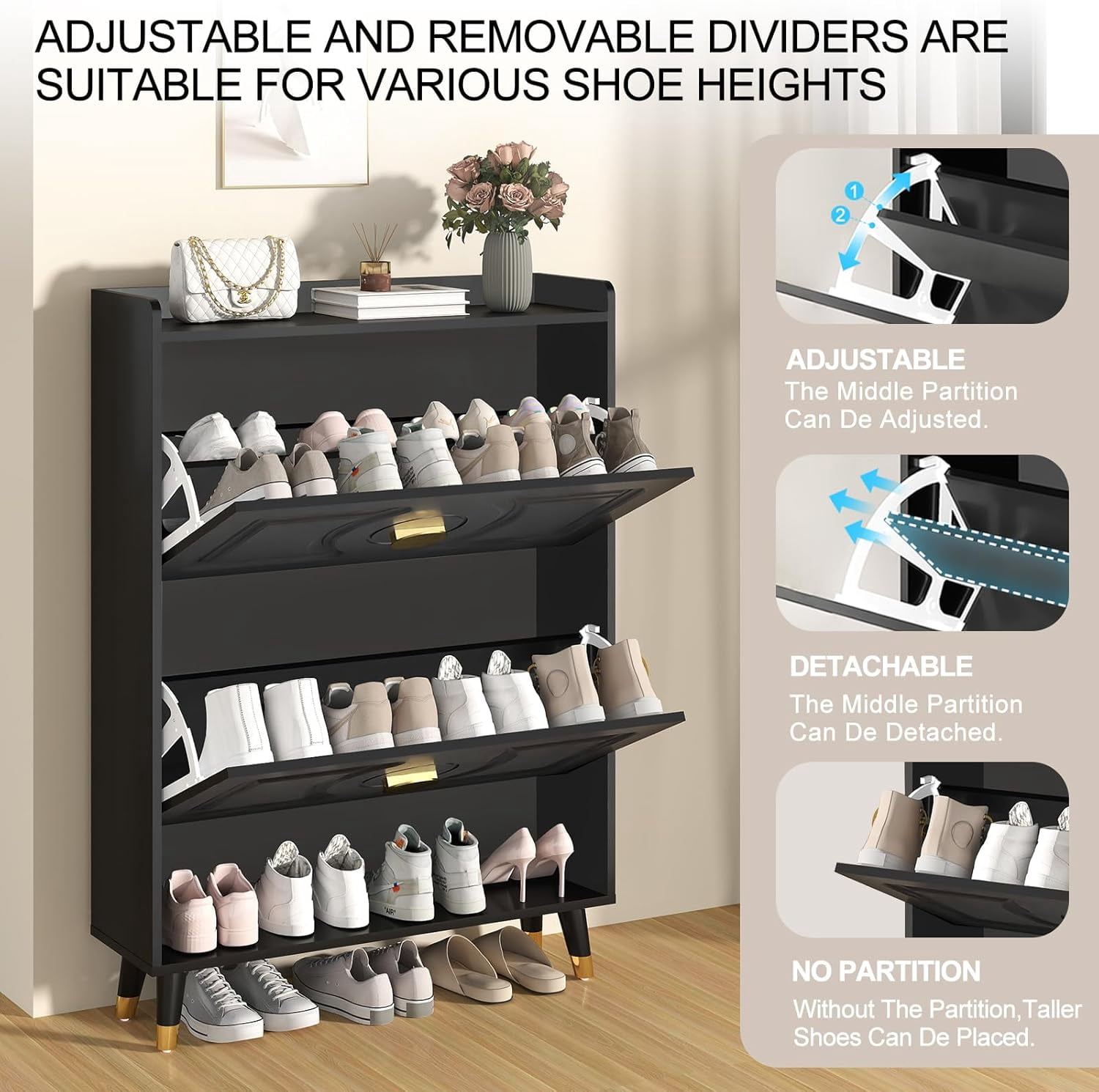 Vinform Shoe Storage Cabinet for Entryway Slim, Shoe Cabinet with 2 Flip Drawers, Ultra Thin Shoe Organizer Cabinet Wood for Hallway (Black)