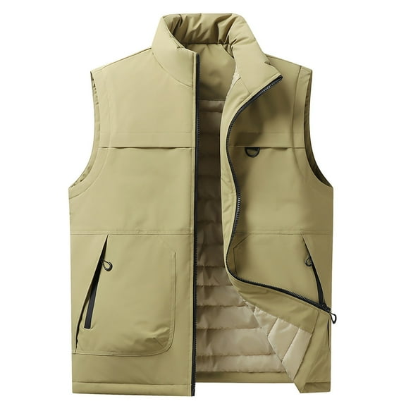Dagegui Men's Quilted Lined Vest Zip Up Stand Collar Sleeveless Jackets Lightweight Fall Winter Outdoor Vests with Pockets Khaki M