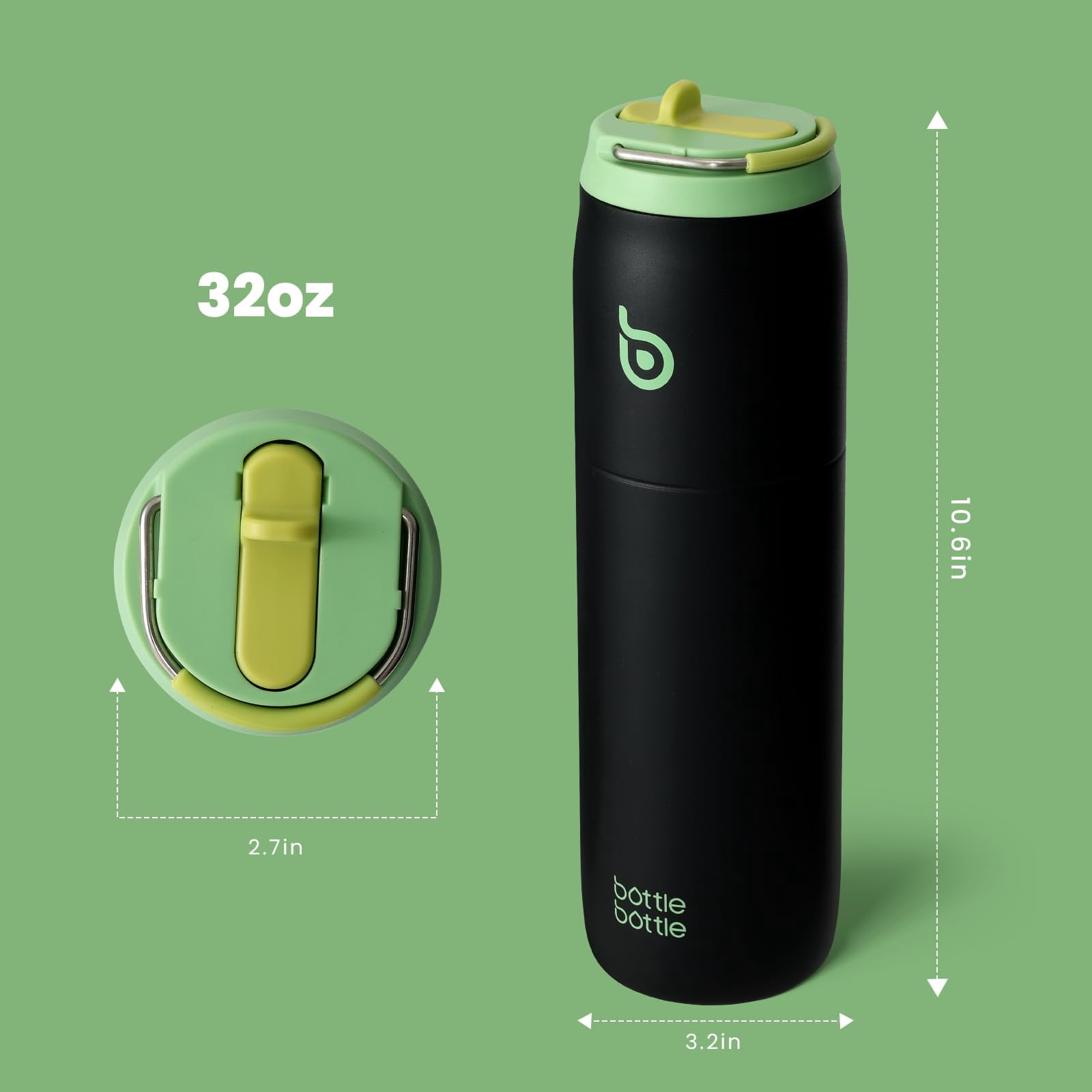 BOTTLE BOTTLE Stainless Steel Water Bottle with Straw Lid and Handle 32 oz Vacuum Insulated Cup for Sports Travel Gym Hiking, Leak-Proof Wide Mouth Water Bottles for Men,aurora green