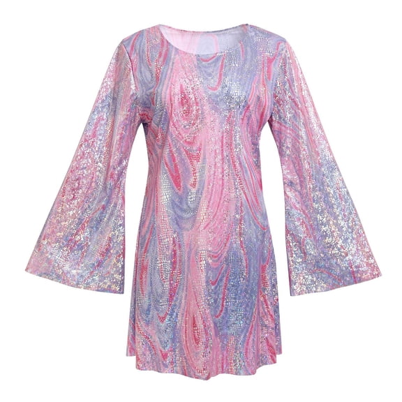 Quixlent Women Dress Retro Sequin Bell Sleeves Plus Size Loose Fit Printed Halloween Cosplay Disco Dance Performance Party Bronzing Evening Dress