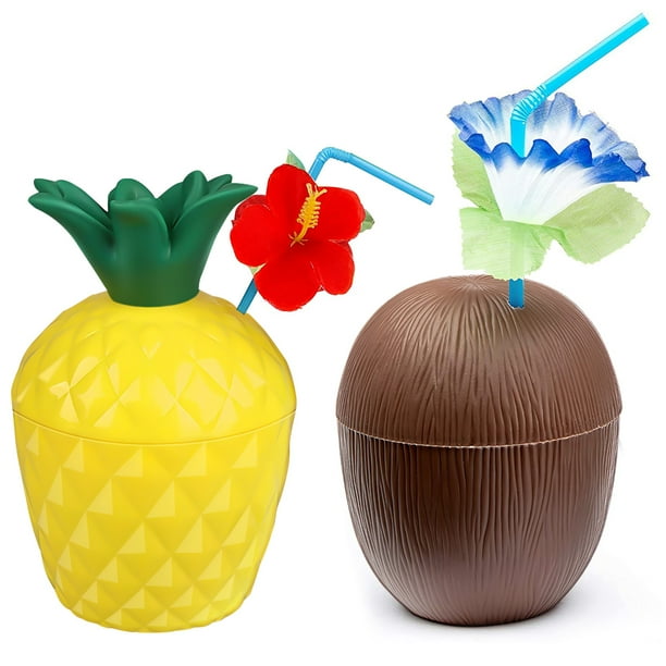 Austok Coconut Cup, Pineapple Drink Cups with Straws, Hawaiian Luau Tiki and Beach Theme Party