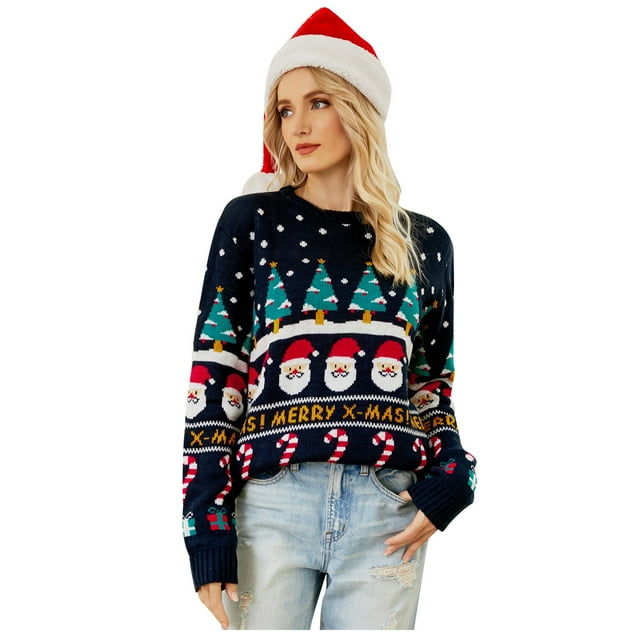 IROINID Chandail à Col Rond pour Femmes, Imprimés Graphiques, Ample, Court, Manches Longues, Motif Sapin de Noël, Chandail Épais Snowman