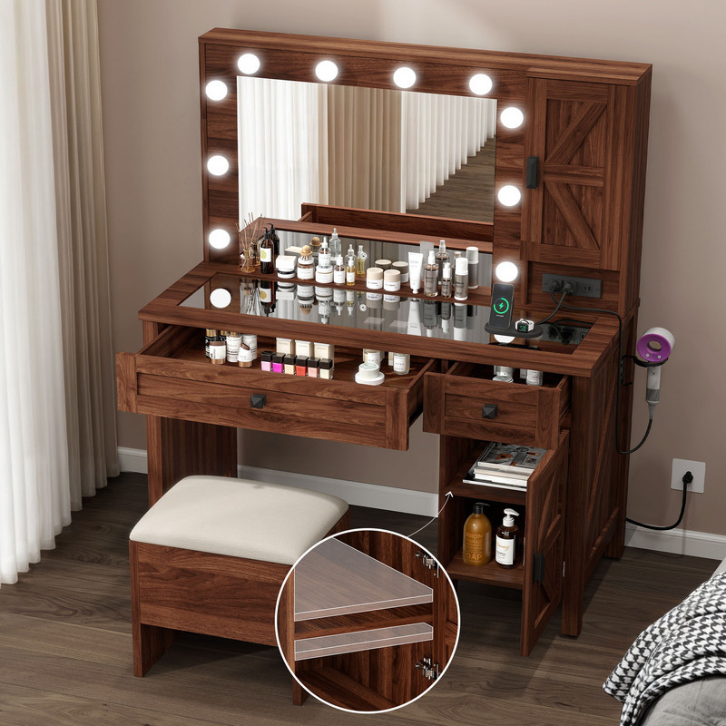 Uforic 42" Farmhouse Makeup Vanity Set with Lighted Mirror & Drawers, ,Vanity Desk with Charging Station & Glass Top, Brown