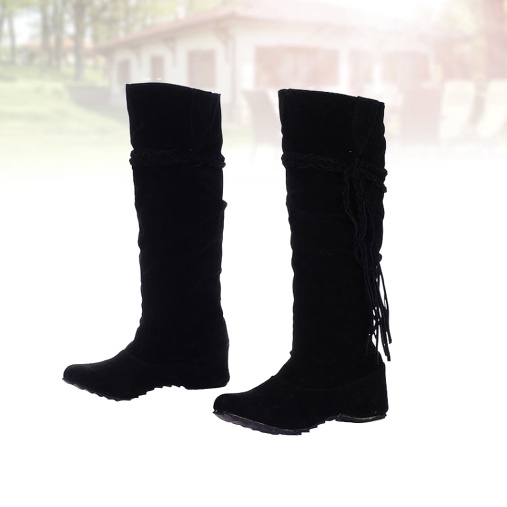 Anah faux suede fluffy tassel knee high boots in black hotsell