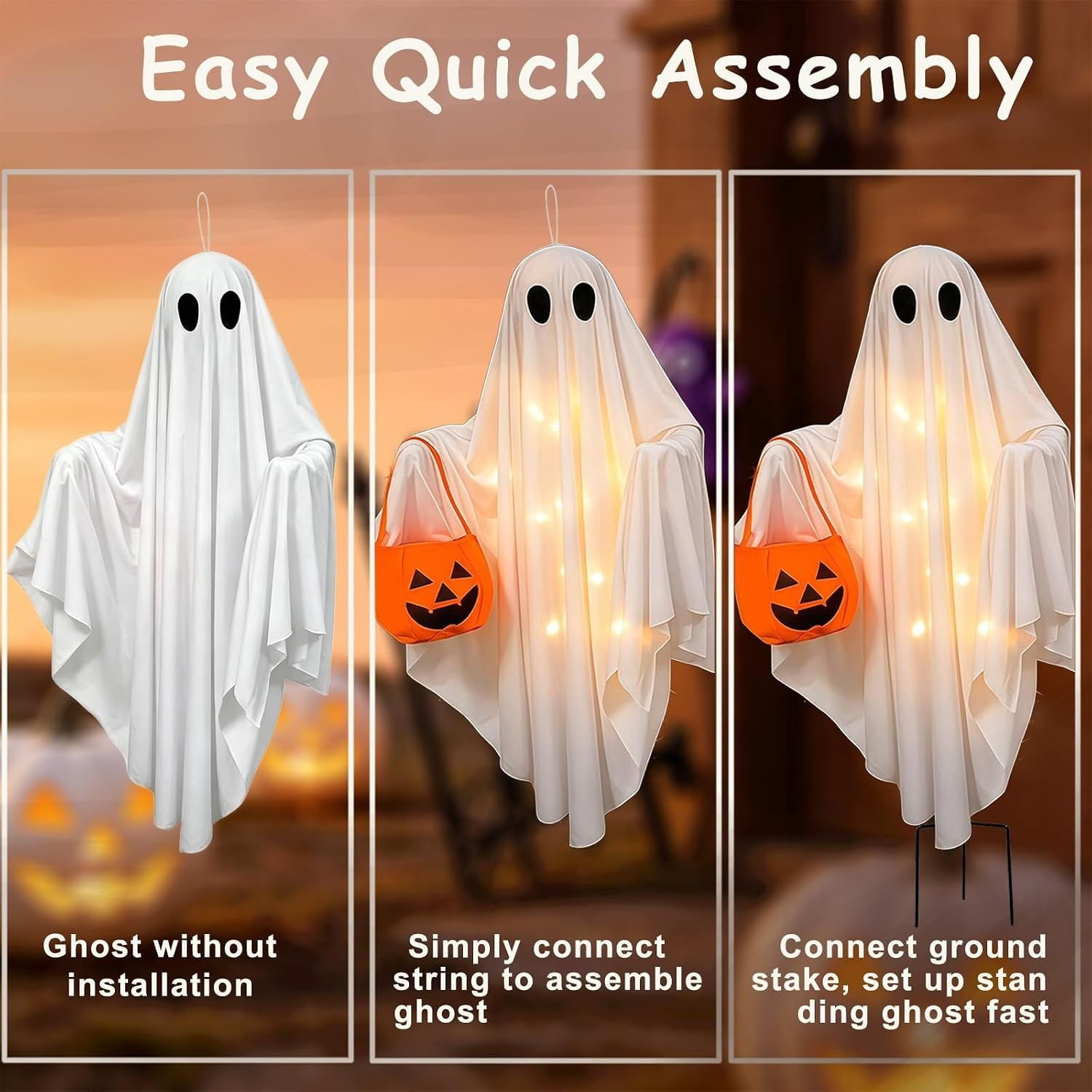 Solar Halloween Ghost Lights, 2 Pack Hanging and Stake Yard Decorations with 30 Warm White LEDs, 14.57 in, Weather Resistant