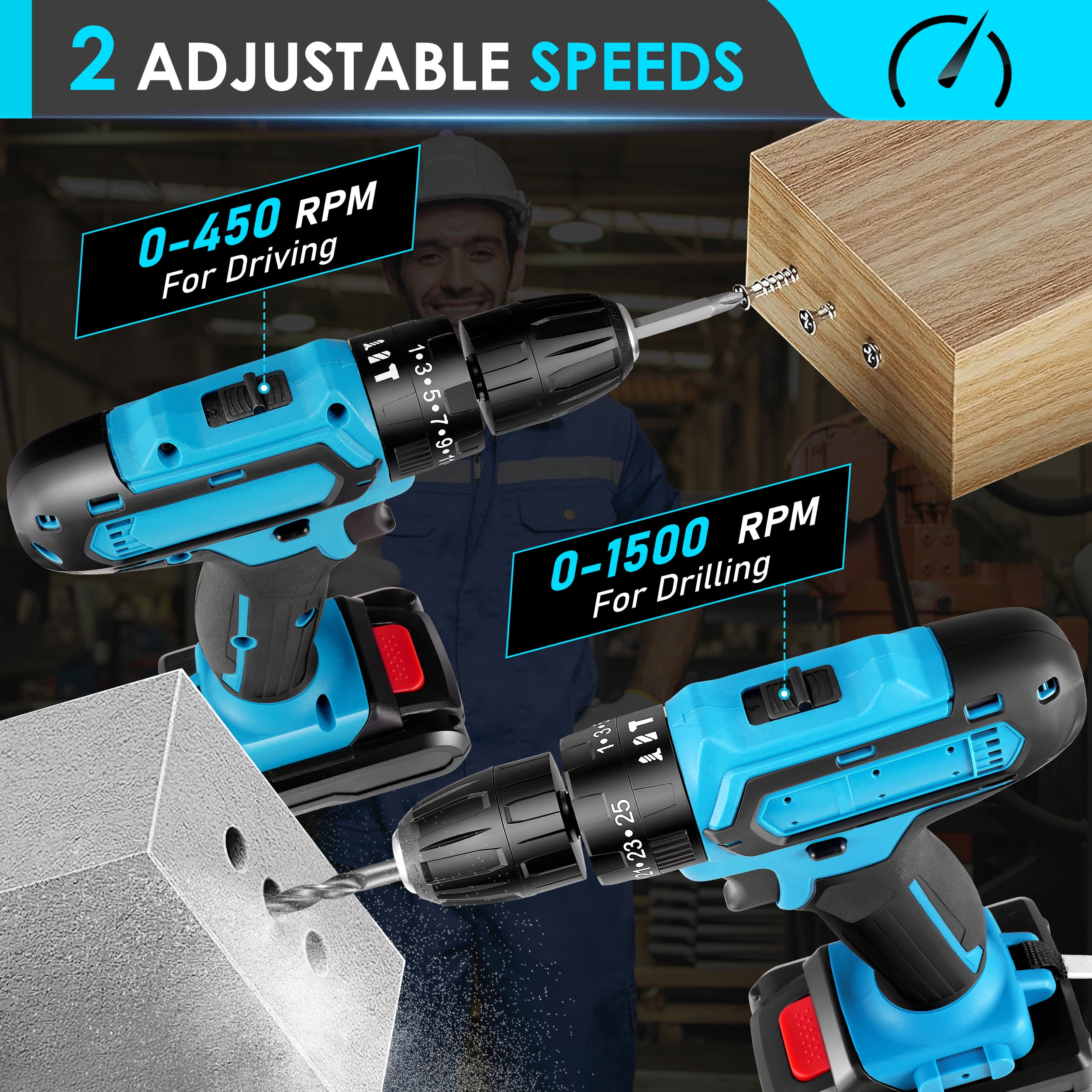 RELOIVE 21V Cordless Drill,Electric Power Drill Set with 2×2.0Ah Battery&Charger,3/8" Keyless Chuck,2-Speed,45N.m Torque,25+3 Position,35pcs Drill/Driver Bits