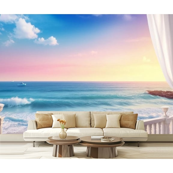 Peel and Stick Wallpaper Ocean Beach Balcony Scenery 3D Mural Waterproof Sunset Curtains Sky Modern Art Wall Mural Decor Self Adhesive and Removable 69in x 98in