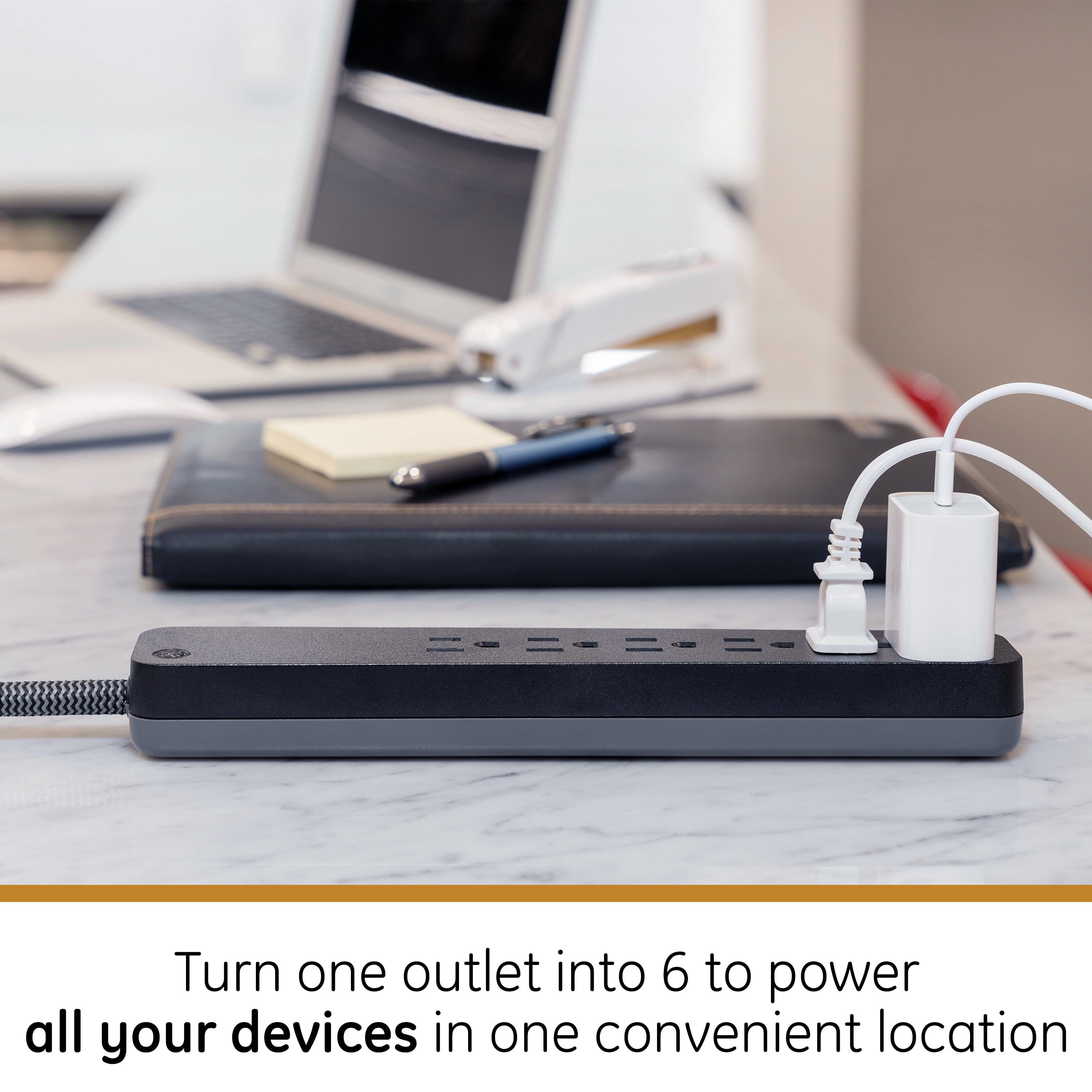 GE Pro Grounded 6-Outlet Surge Protector Power Strip with 2 ft. Braided Extension Cord, Black, 15-Amp