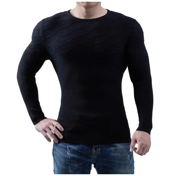 Hombres Casual Sólido Cuello Redondo Jersey Suéter de Manga Larga Slim Fit Bottoming Knit Top Pompotops oipoqjl34504