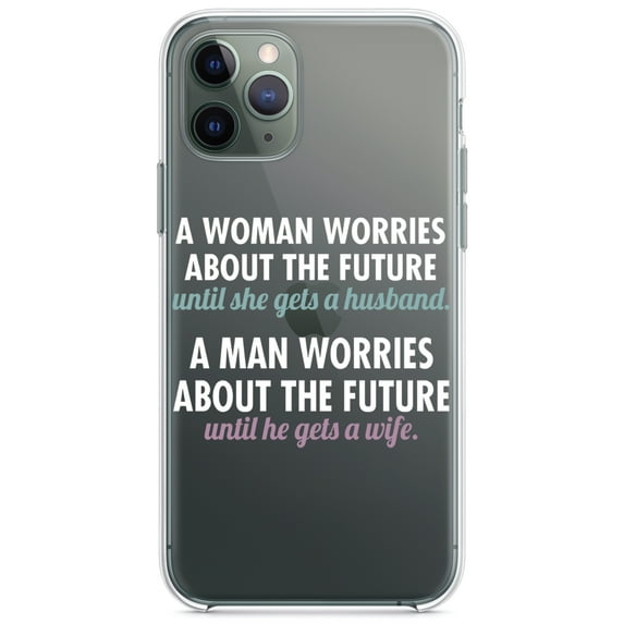 DistinctInk Clear Shockproof Hybrid Case for iPhone 12 MINI (5.4" Screen) - TPU Bumper Acrylic Back Tempered Glass Screen Protector - Worries About the Future Until Married