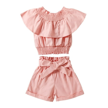 

Fesfesfes Toddler Baby Girls Fashion Cute Solid Color Off Shoulder Ruffles Top Bow Shorts Suit