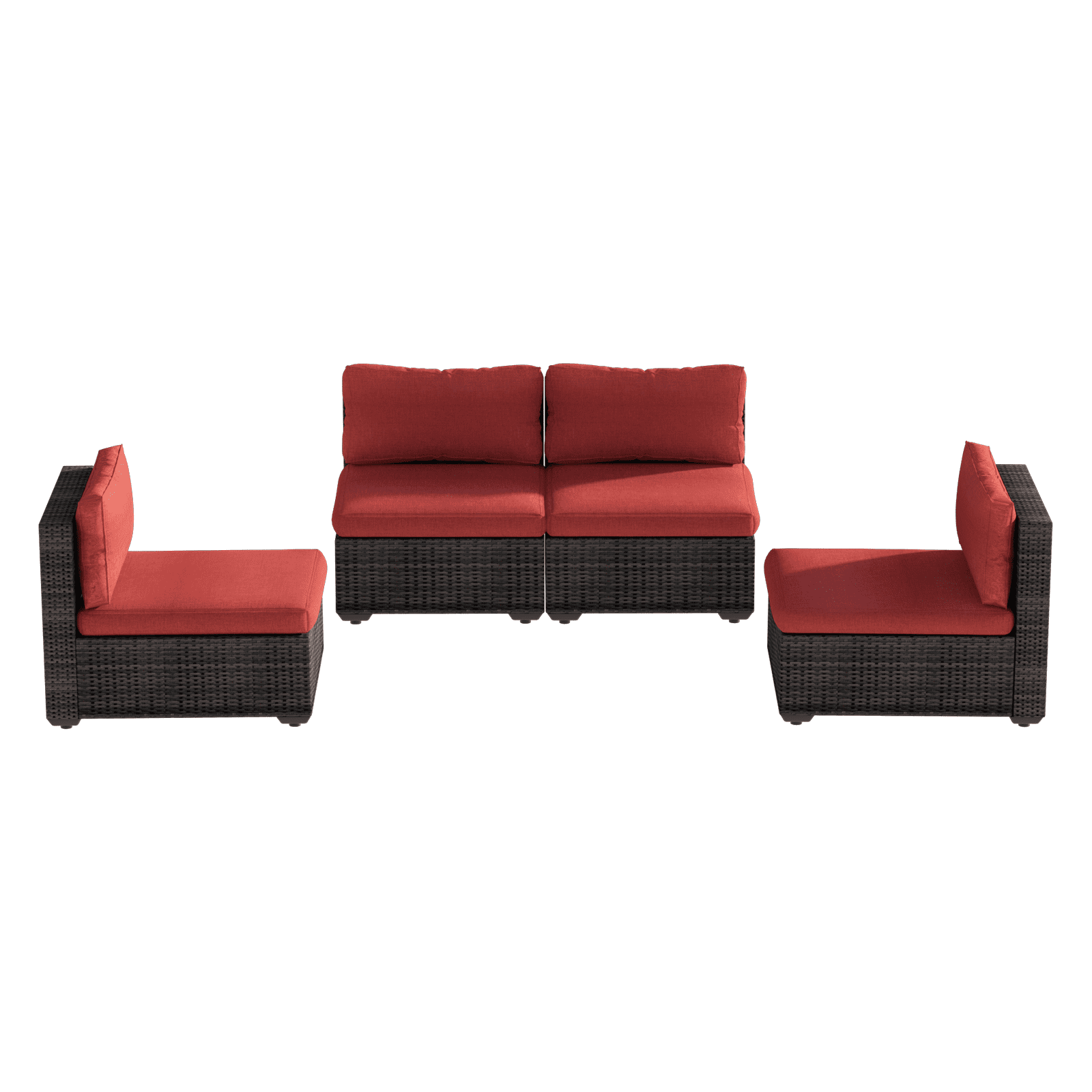 Grezone 4 Pieces Patio Furniture Set, All Weather Outdoor Sectional PE Rattan, Patio Conversation Sets with Cushions and Glass Coffee Table for Garden Lawn Balcony Porch Deck, Red