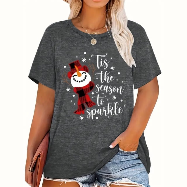 Camisetas de Navidad para mujer, Tops con estampado de dibujos animados de Papá Noel, camisetas de manga corta con cuello redondo, ropa informal de fiesta, Tops de gran tamaño para mujer