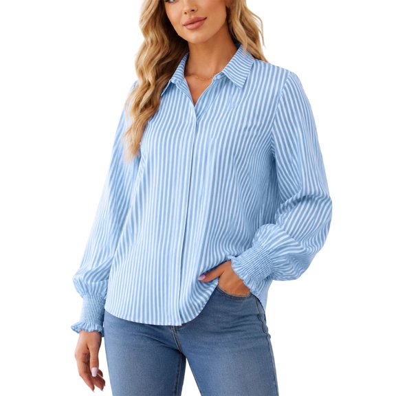 Perfectbot Women's Stripe Button Down Shirt, Lantern Long Sleeve Blouse with Smocked Cuffs Office Casual Wear