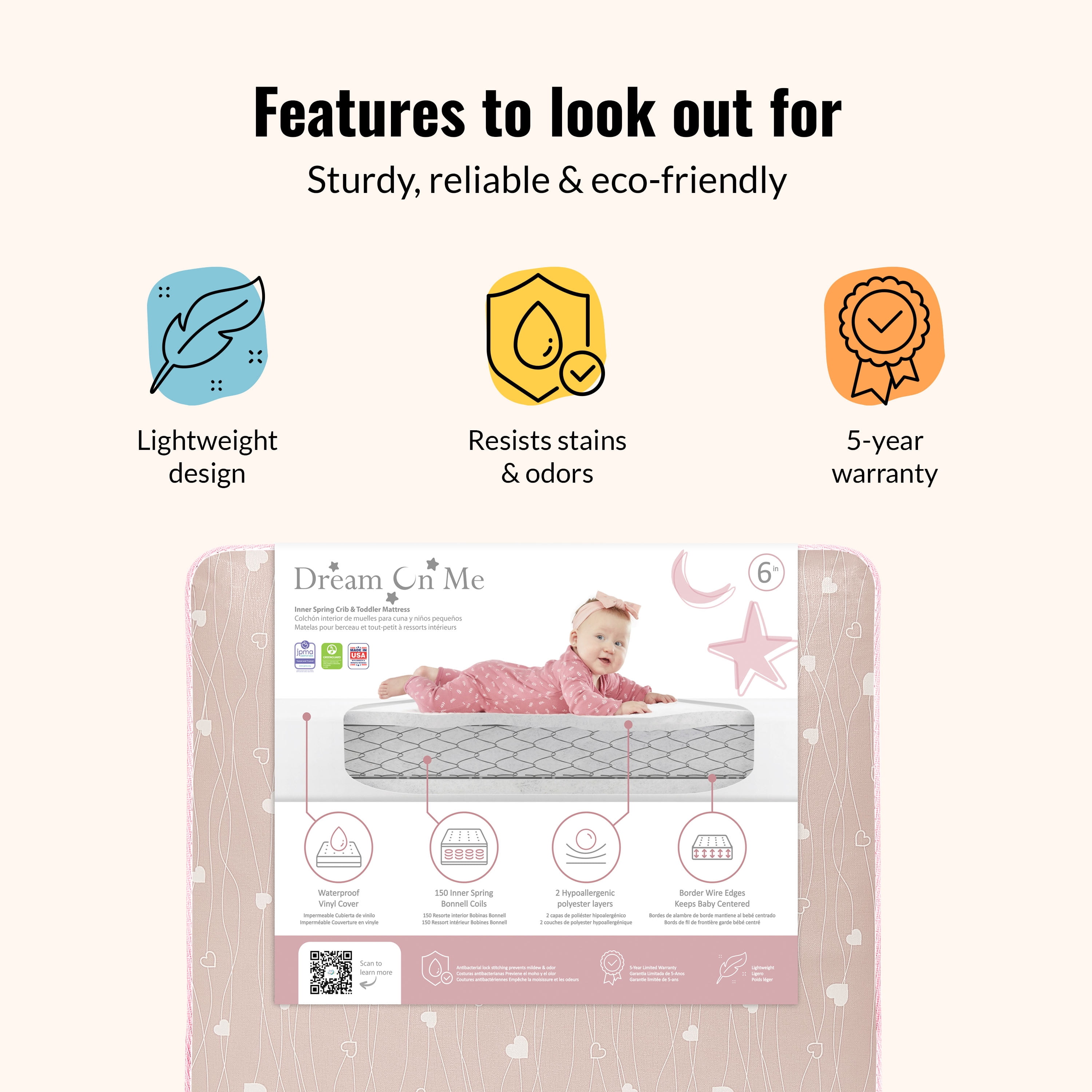 Dream on Me Modern Love Innerspring Crib/Toddler Mattress, Greenguard Gold & JPMA Certified, Waterproof