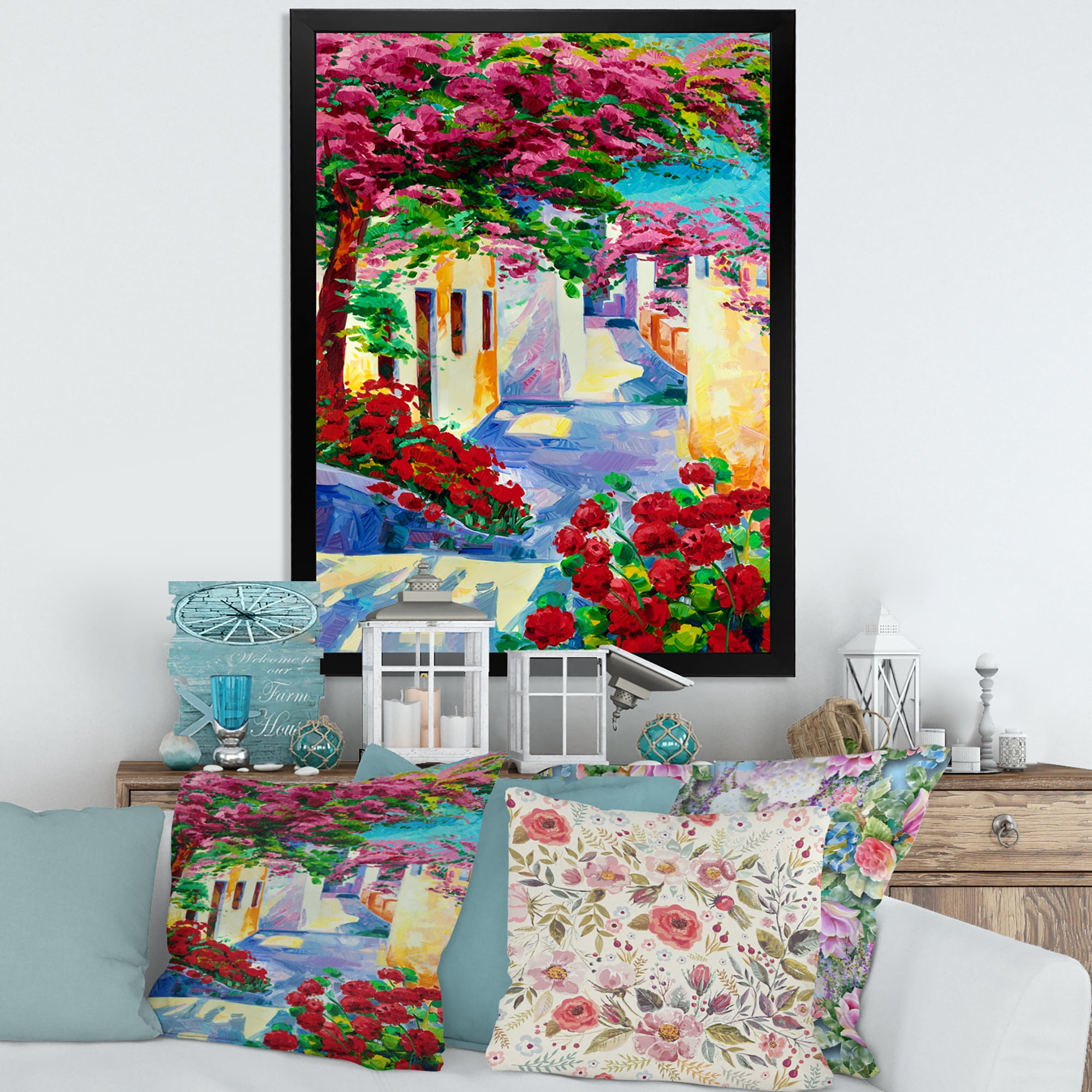 Designart 'Colorful Traditional Santorini Houses Among Flowers' Nautical & Coastal Framed Art Print