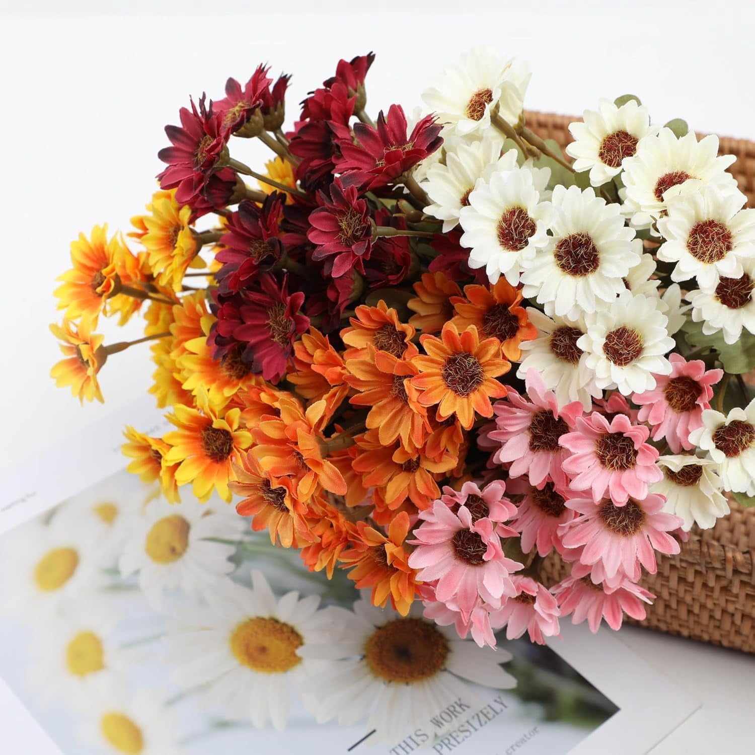 Funsdecor Mums, Artificial Sunset Mums, Artificial Outdoor Sunset Mums Flowers - UV Resistant, Waterproof, Windproof, Fall Flower Daisy With Eucalyptus, Look Real, Full, Vibrant (5 Bundle Gold)