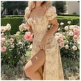 thumbnail image 4 of Women Floral Print Long Dress Summer Puff Sleeve Square Neck Tie Front High Split Dress Ruched Drawstring Chic Dresses Vestidos, 4 of 7