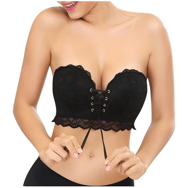 Gibobby Conjunto de lencería Sujetador Stealth sin tirantes de encaje sólido para mujer Sujetador de alambre Sujetador de vendaje Ropa interior(Negro, CH)