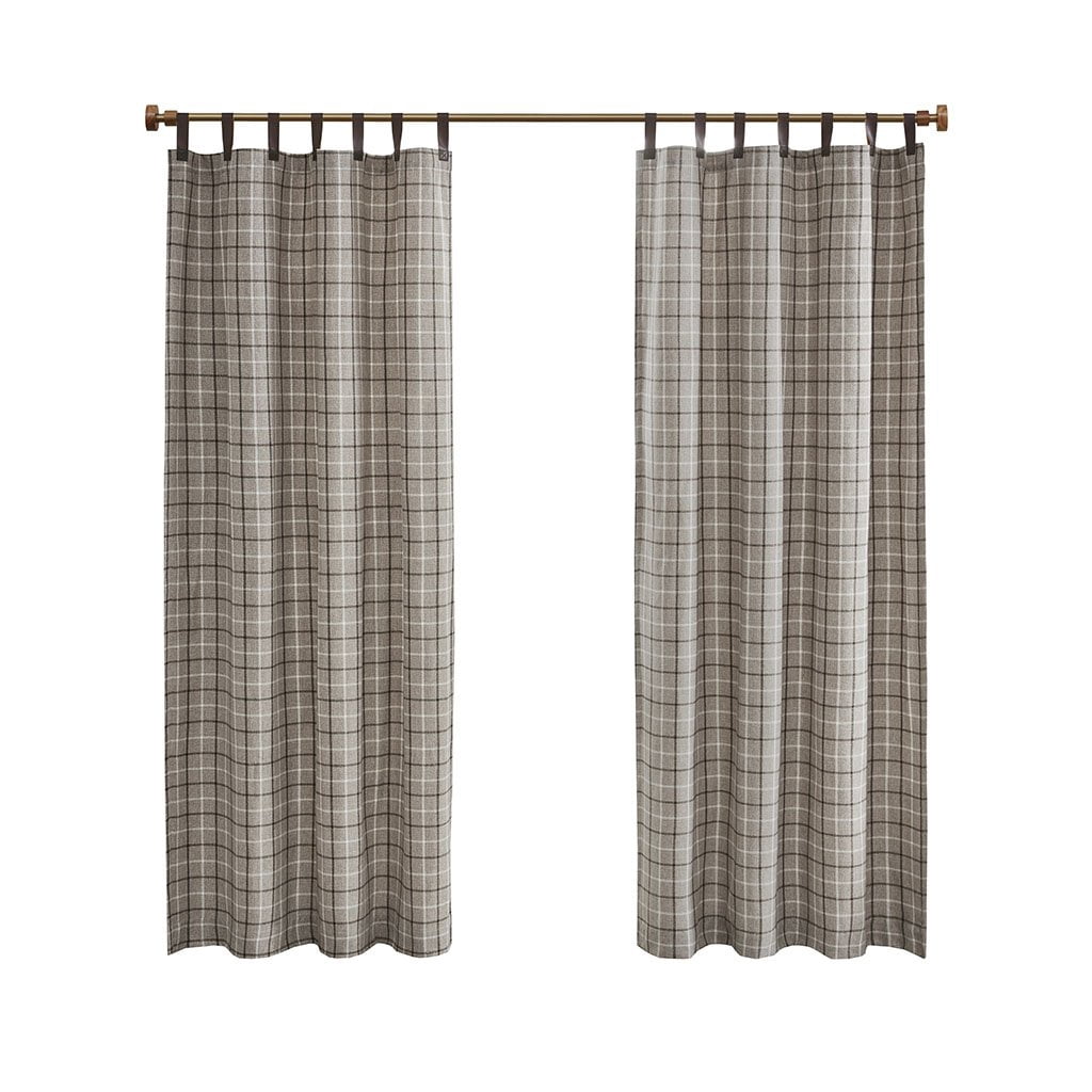 Madison Park Anaheim Plaid Faux Leather Tab Top Curtain Panel with Fleece Lining in Brown, 50"x84"