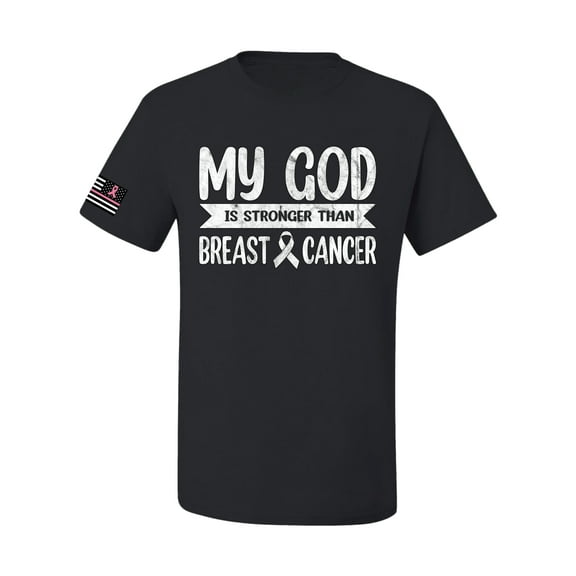 Wild Bobby My God Is Stronger Than Breast Cancer White Distressed US Flag Breast Cancer Awareness Men Tee, Black, Small