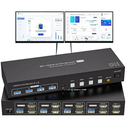 AUBEAMTO Dual Monitor HDMI KVM Switch 4 Computers 2 Monitors 8K@60Hz 4K@120Hz 4 Port KVM Switches for 4 PC Share 4 USB 3.0 Devices Support Copy and Extend Mode, Remote Control and Power Adapter