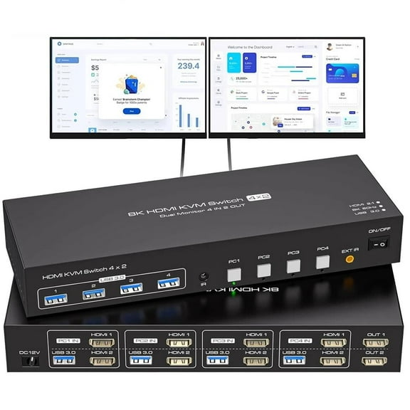 AUBEAMTO Dual Monitor HDMI KVM Switch 4 Computers 2 Monitors 8K@60Hz 4K@120Hz 4 Port KVM Switches for 4 PC Share 4 USB 3.0 Devices Support Copy and Extend Mode, Remote Control and Power Adapter