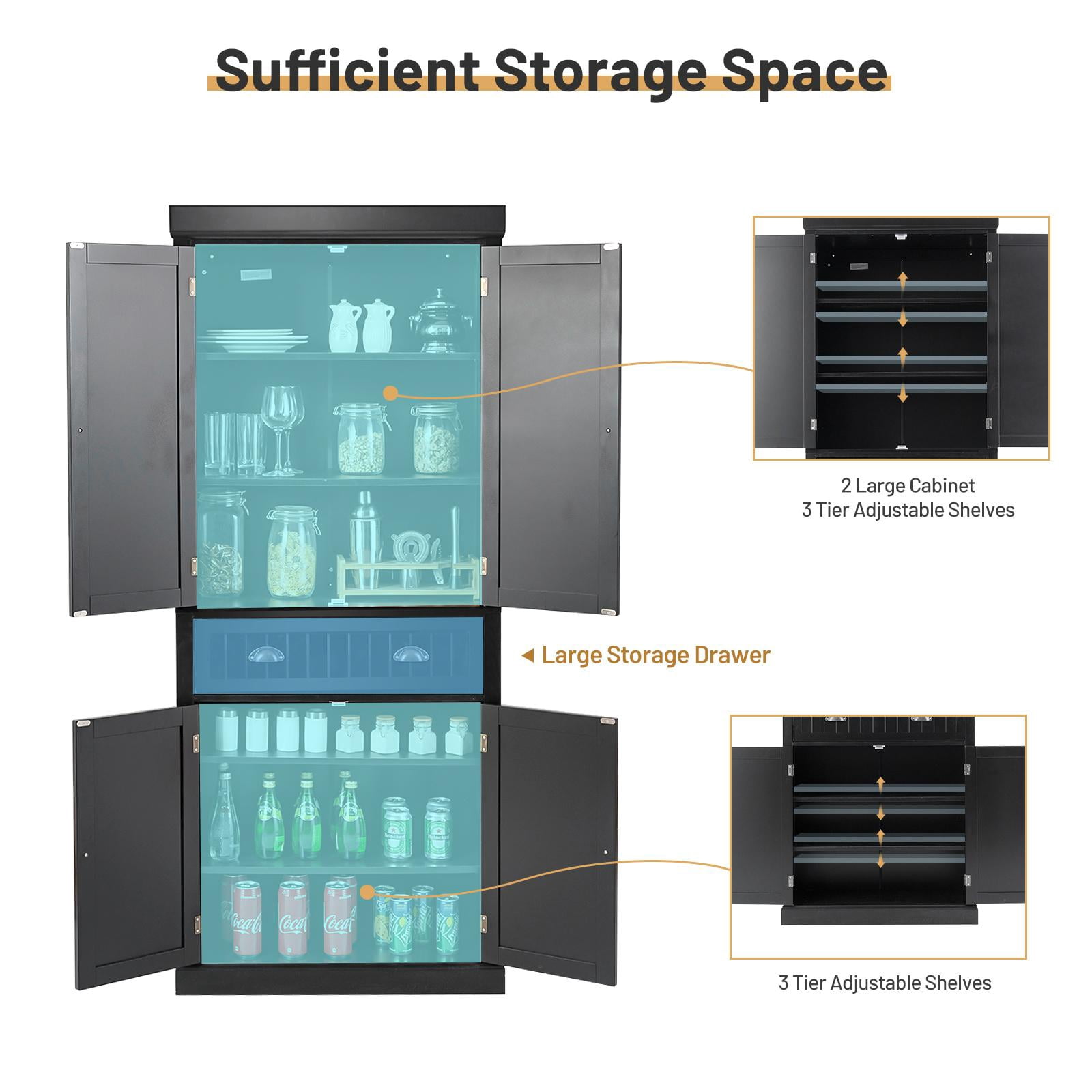 Giantex Kitchen Pantry Cabinet, Freestanding Adjustable Cabinet w/Doors for Dining Room, Living Room or Bedroom, Black