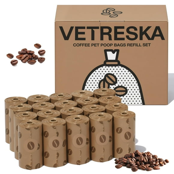 VETRESKA Dog Poop Bags, Coffee Scented Waste Bags, Leak Proof, Extra Thick and Large Dog Pet Bags for Dogs and Cats - 300 Count Bags (20 Refill Rolls)