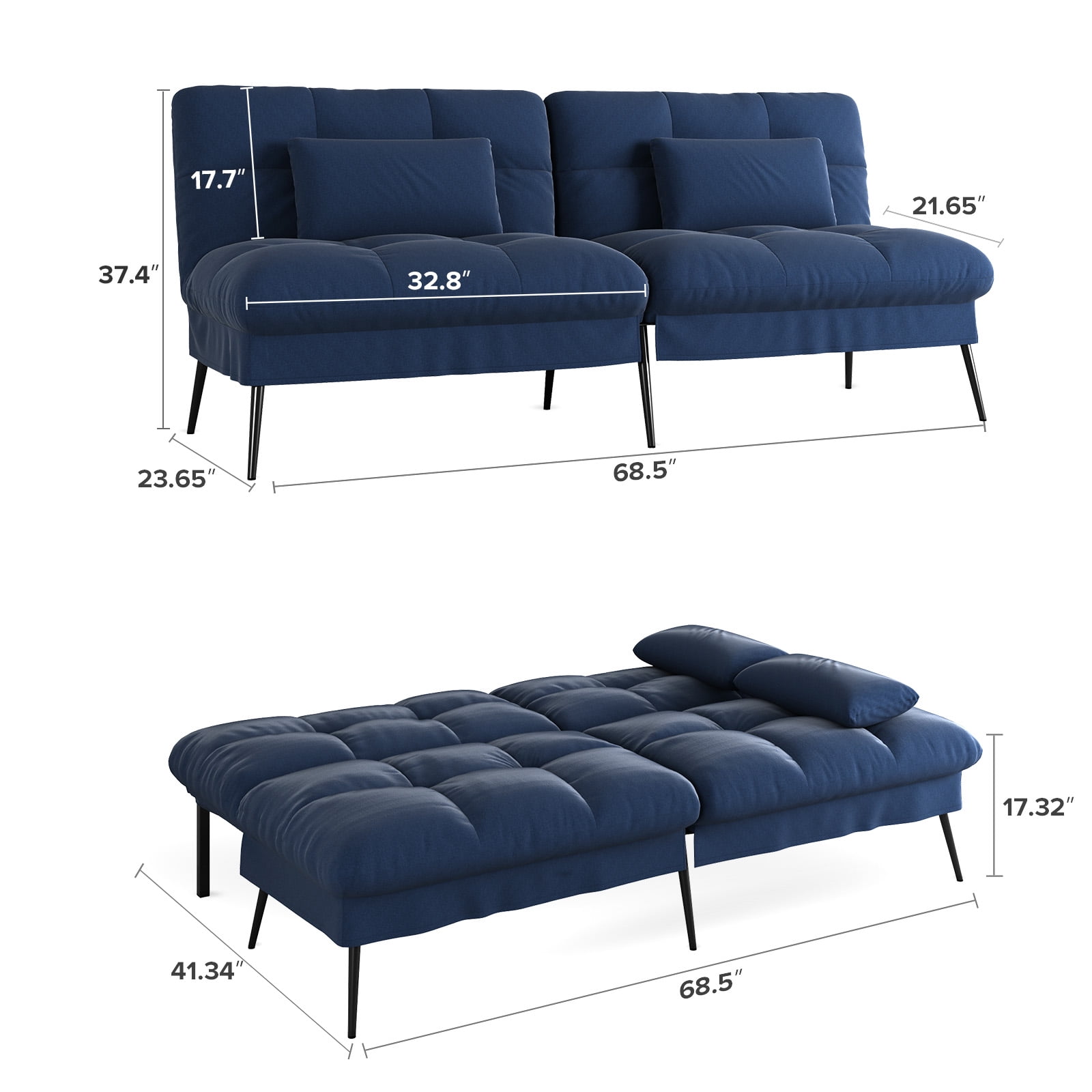 COMHOMA Futon Sofa Bed Modern Fabric Folding Futon Set Adjustable Recliner Sleeper Sofa Bed,Blue